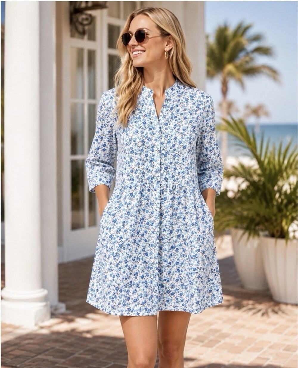 Tuckernuck Bluebell Floral Ditsy Calico Royal Shirt Dress Women’s Size Medium